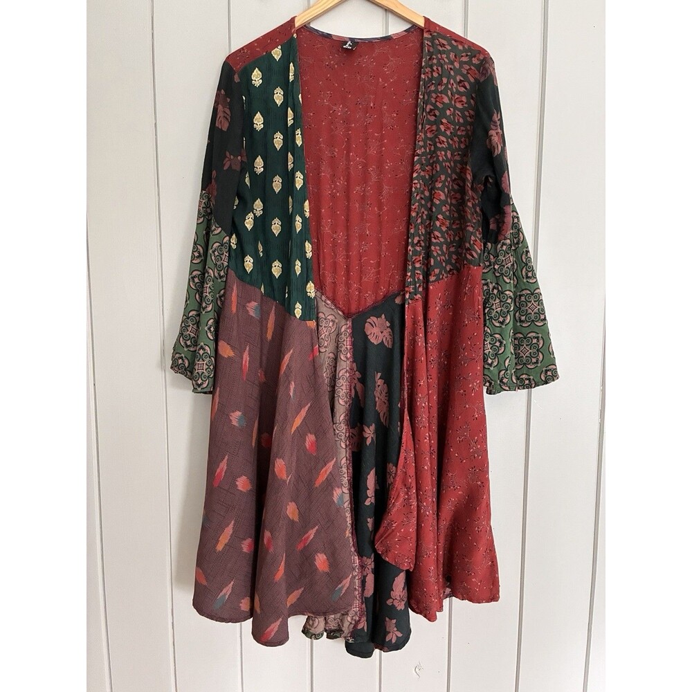 Sacred Threads Duster Cardigan S/M Mixed Print Boho Flare Sleeves